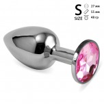 Анальная пробка металл, светло-розовый кристалл S Silver