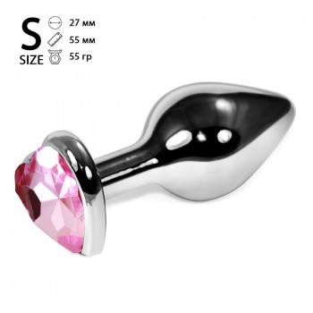 Анальная пробка металл, светло-розовый кристалл, сердце S Silver