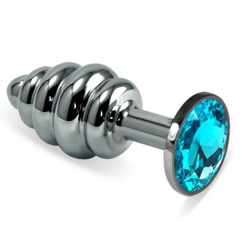 Анальная пробка рельеф, металл, голубой кристалл S, Silver