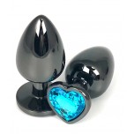 Анальная пробка металл, голубой кристалл, сердце L, Чёрный