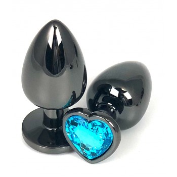 Анальная пробка металл, голубой кристалл, сердце M, Чёрный