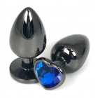  Анальная пробка металл, синий кристалл, сердце S, Чёрный