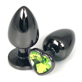  Анальная пробка металл, светло-зеленый кристалл, сердце S, Чёрный