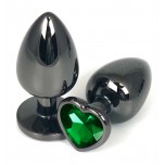 Анальная пробка металл, зеленый кристалл, сердце M, Чёрный