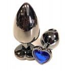 Анальная пробка металл, синий кристалл, сердце, M, BLACK